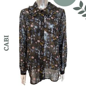 Cabi Women’s Sheer Floral Button-Down Floret Blouse Ruffle Collar  – Size Small